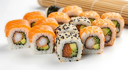 Fresh Sushi Rolls on Bamboo Mat