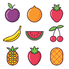Vibrant flat-style fruit icons: banana, strawberry, pineapple, watermelon slice, orange, plum, and cherries; perfect for websites, apps, and playful branding designs.