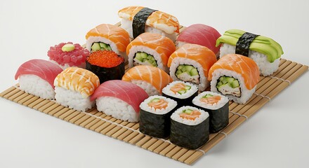 Fresh Sushi Rolls on Bamboo Mat
