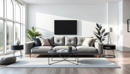 Modern gray sofa in bright living room with large windows, home, modern