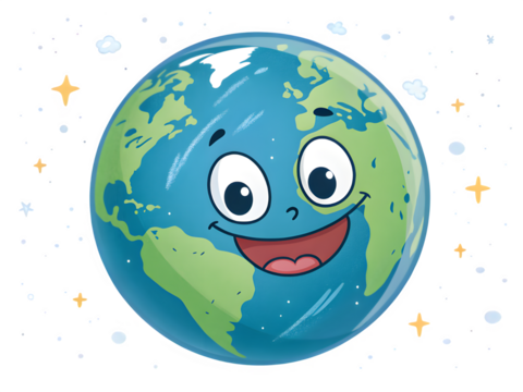 Happy cartoon earth with a smiling face in outer space