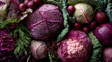 Vibrant assortment of purple vegetables including cabbage, cauliflower, and fresh herbs in a rustic setting