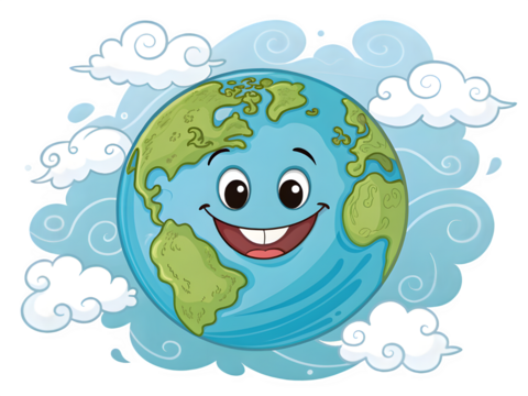 Happy cartoon earth surrounded by clouds