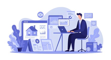 Focused Businessman Analyzing Real Estate Investment Opportunities On Laptop In Modern Office, Financial Planning, Property Market Analysis, And Investment Growth Strategy