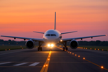 A commercial jet is on the runway with its lights on for an early morning flight under a beautiful pink and orange sky