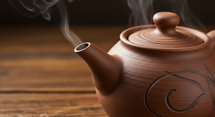 Steaming Ceramic Teapot on Wood Table