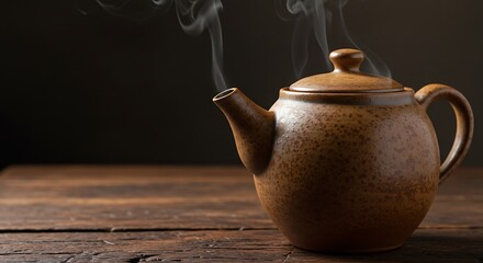 Steaming Ceramic Teapot on Wood Table
