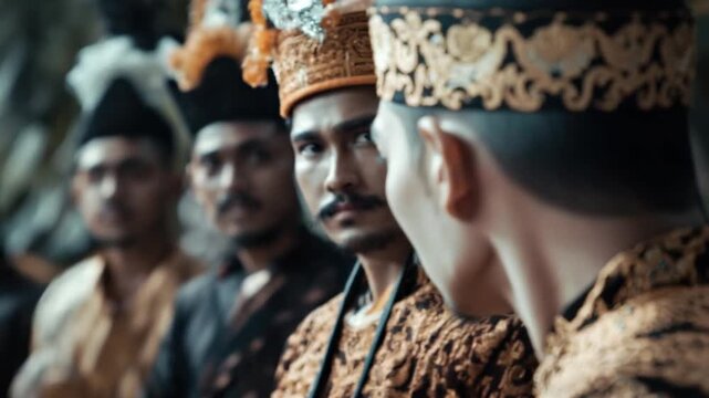 Javanese men in traditional attire looking serious
