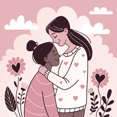 Stylized illustration of two women embracing celebrating friendship and connection