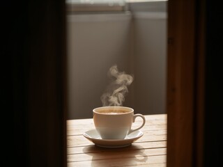 Obraz premium Steaming Cup of Coffee on a Wooden Table, Framed by a Dark Doorway, Serene Morning