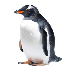 Obraz premium 白い背景に立つジェンツーペンギンのクローズアップ描写 動物の質感と詳細