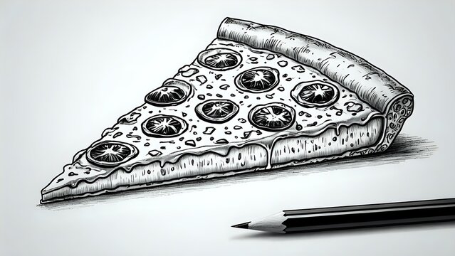 Delicious hand-drawn sketch of a pizza slice, perfect for menu design, food blogs, or illustrating culinary articles. The detailed drawing showcases a juicy slice with melted cheese and pepperoni.