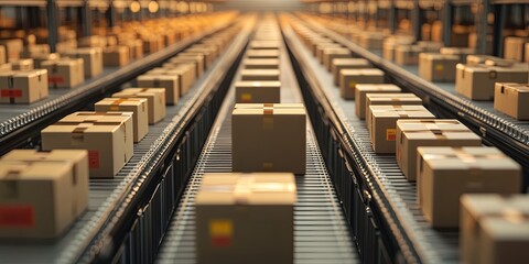 Fototapeta premium A warehouse stocked with neatly organized packages, ready for shipment, capturing the logistics of an e-commerce operation.