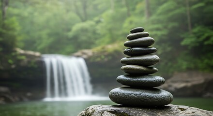 Smooth River Rocks by Misty Waterfall