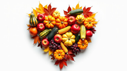 Heart shape of pumpkins, apples, grapes, corn, zucchini and autumn leaves on white, fall harvest and Thanksgiving concept