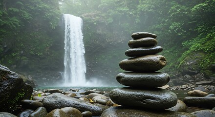 Smooth River Rocks by Misty Waterfall