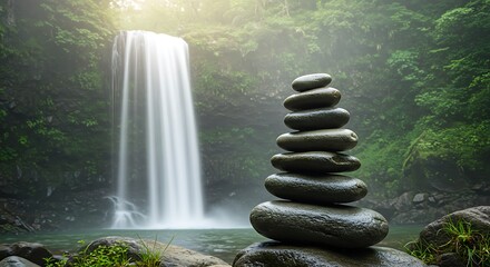 Smooth River Rocks by Misty Waterfall