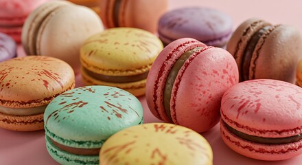 Colorful Macarons on Pastel Pink Surface