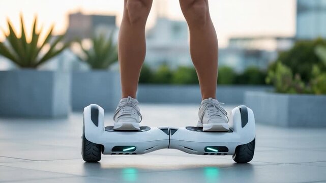 Person Balancing on a White Hoverboard with Green Lights Outdoors, Daytime
