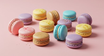 Colorful Macarons on Pastel Pink Surface
