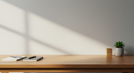 A minimalist wooden desk with a notebook, pen, and a small potted plant bathed in sunlight.