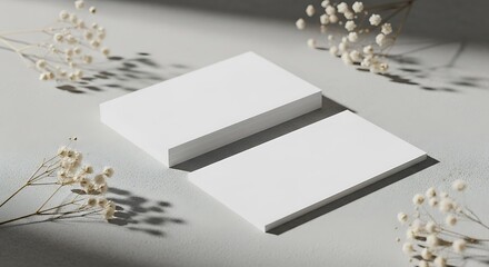 Clean white book mockup surrounded by delicate greenery and soft sunlight accentuated by shadows