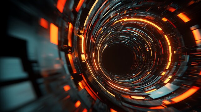 Abstract tunnel with orange light, a futuristic and technological concept of space travel, a portal to another dimension, a wormhole to another galaxy