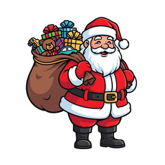 Cheerful Santa Claus carrying a sack of Christmas gifts, ready to spread holiday joy