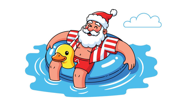 Santa Claus enjoying summer vacation fun, relaxing in a pool with a yellow duck float