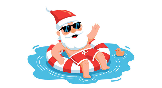 Santa Claus relaxing in a pool on summer vacation with sunglasses and a rubber duck