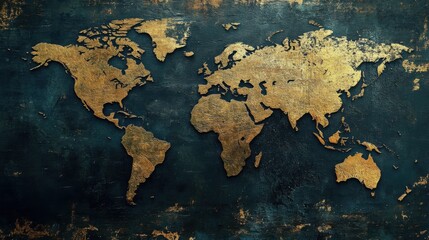 Golden World Map on Dark Background.