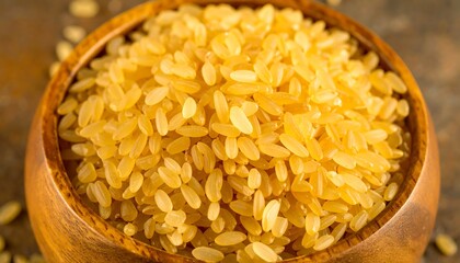 A close-up view of a wooden bowl filled with golden grains of rice, showcasing their texture and color.