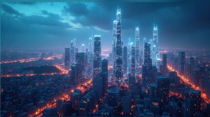 Fototapeta premium Blue Night Cityscape with Glowing Skyscrapers and Winding Streets