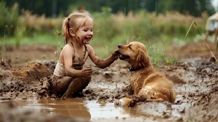 A candid capture of a young girl playing in a muddy puddle with her dog. The style is casual and spontaneous, with a focus on capturing the essence of childhood joy.