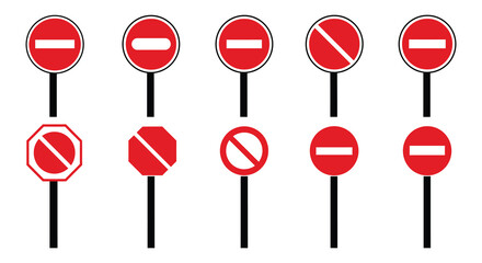 Red traffic signs with white symbols on black posts in two rows