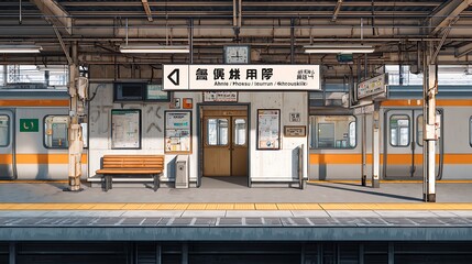 A Quiet Moment at a Japanese Train Station Platform With Yellow and White Trains