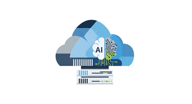 Illustration of a cloud with ai brain and server racks on a white background in light blue color