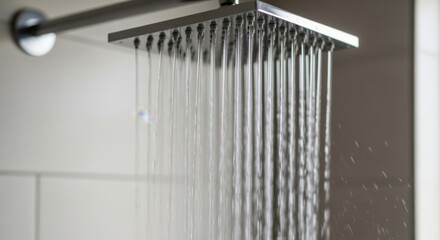 Obraz premium Slowmotion clip of water flowing from a newly installed ra head arm creating a gentle natural rainfall effect.