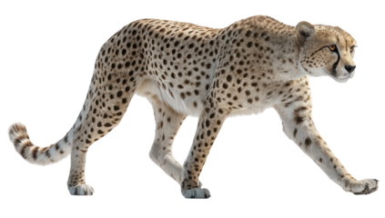 Cheetah walks gracefully across frame, featuring distinct spotted coat and focused gaze