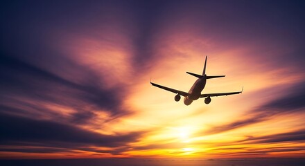 Obraz premium Commercial jet airplane soaring through vibrant sunset sky with clouds and ocean reflection