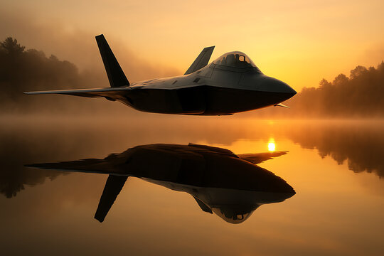 F-22 raptor fighter jet flying low over a serene lake with a stunning reflection during a misty golden sunrise