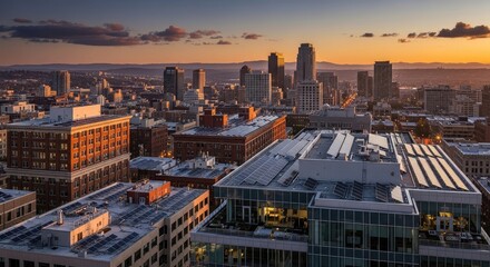 Fototapeta premium Panoramic City Skyline at Golden Sunset with Modern Skyscrapers and Rooftops