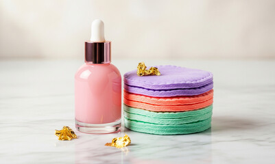 Premium Skincare Mockup: Rose Serum Bottle & Colorful Pads on Marble