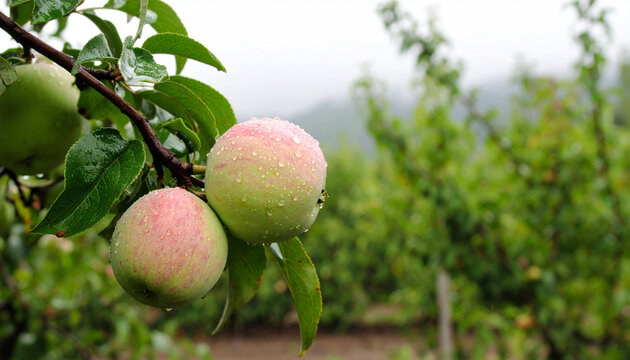  green apples on a tree branch in the fruit garden after rain