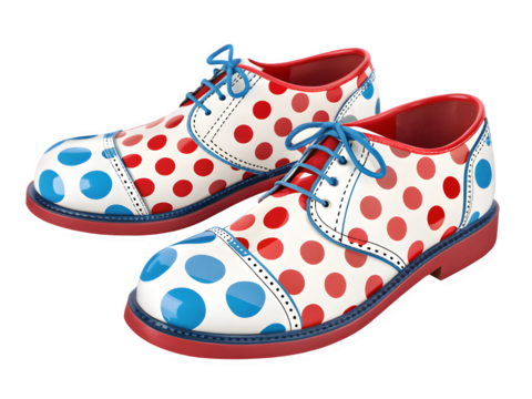 Whimsical polka dot clown shoes with red soles and blue laces