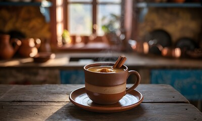 Obraz premium Cozy steaming mug of spiced beverage with cinnamon sticks on rustic wooden table, warm kitchen setting