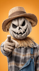 Cheerful scarecrow puppet, whimsical character with a grinning pumpkin head, bright orange background, perfect for Halloween themes.
