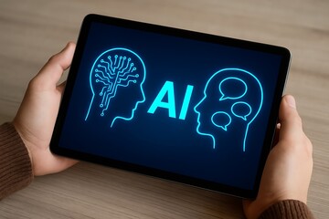 Person holding tablet with artificial intelligence concept on screen showing human brain and speech bubbles