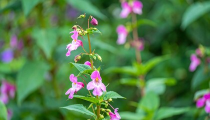 Delicate pink flowers stand out against a blurred background of lush green foliage, showcasing vibrant hues and soft focus.