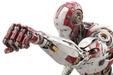 Robotic figure, white/red color scheme, punching motion, detailed cybernetic design